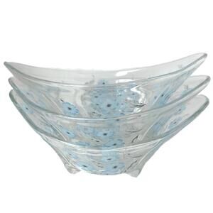 Set of 3 Anchor Hocking Blue Cornflower glass serving bowl with three feet.